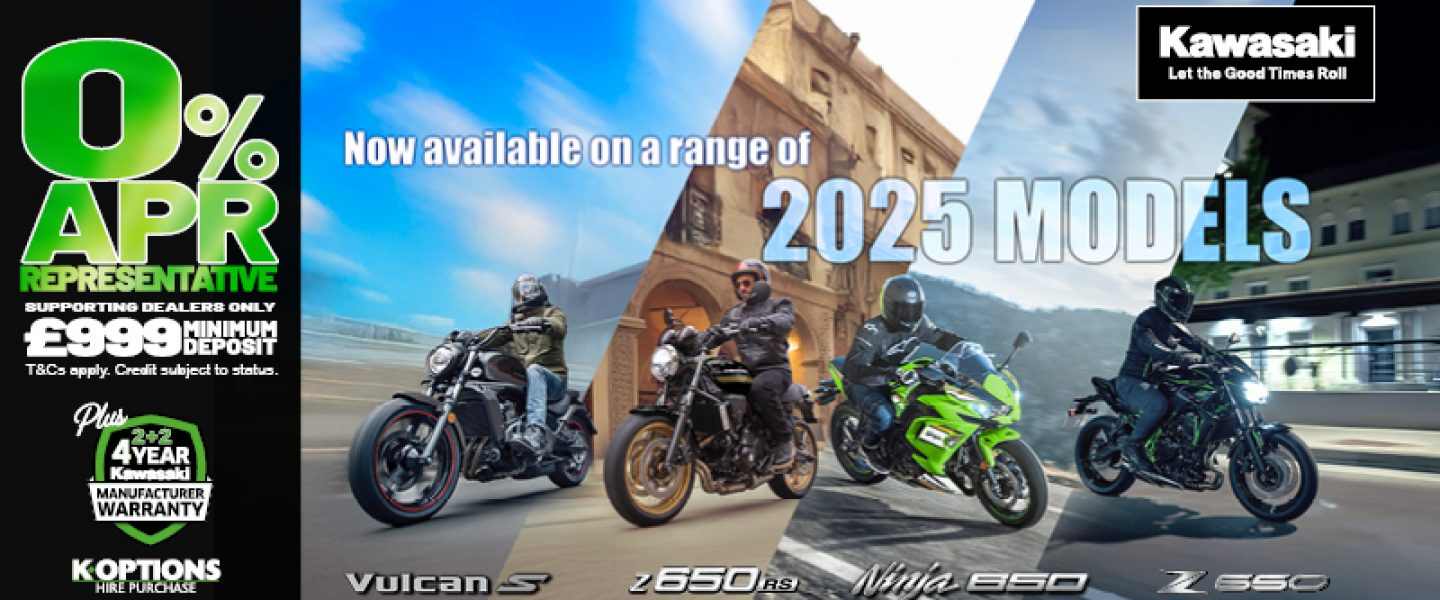 Enjoy 0% APR on HP and 5.9% PCP APR Representative on a wide range of Kawasaki machines!